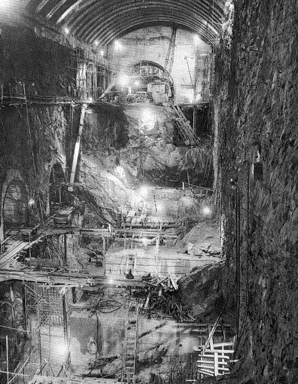 Plate 2. –
    Machine Hall of T.1 Power Station, with Downstream Wall on Right. 
    Excavation Completed